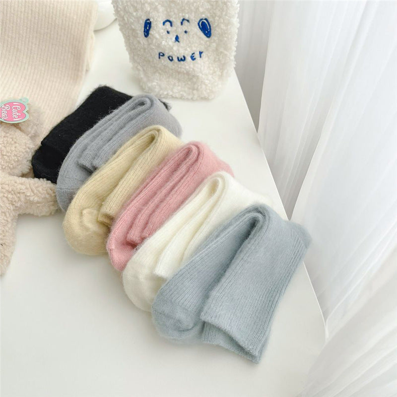 Soft and Glutinous Solid Color Two Women's Autumn and Winter Fleece-Lined Warm Girl Tube Socks Cold-Proof Cotton Socks Student Stripes