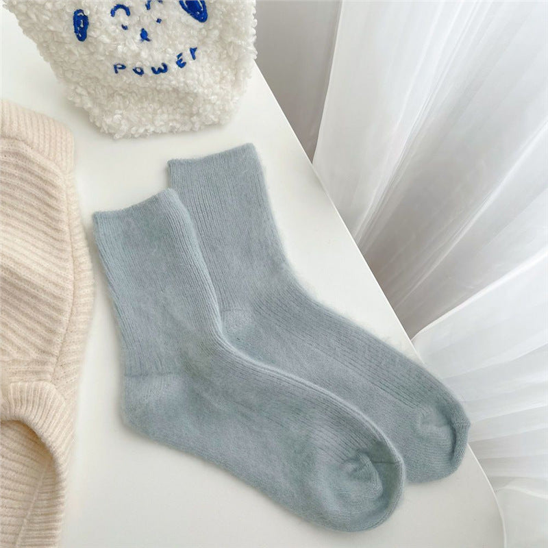 Soft and Glutinous Solid Color Two Women's Autumn and Winter Fleece-Lined Warm Girl Tube Socks Cold-Proof Cotton Socks Student Stripes