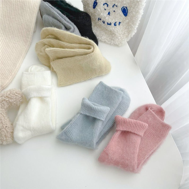 Soft and Glutinous Solid Color Two Women's Autumn and Winter Fleece-Lined Warm Girl Tube Socks Cold-Proof Cotton Socks Student Stripes