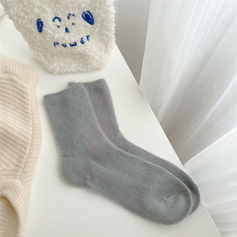 Soft and Glutinous Solid Color Two Women's Autumn and Winter Fleece-Lined Warm Girl Tube Socks Cold-Proof Cotton Socks Student Stripes