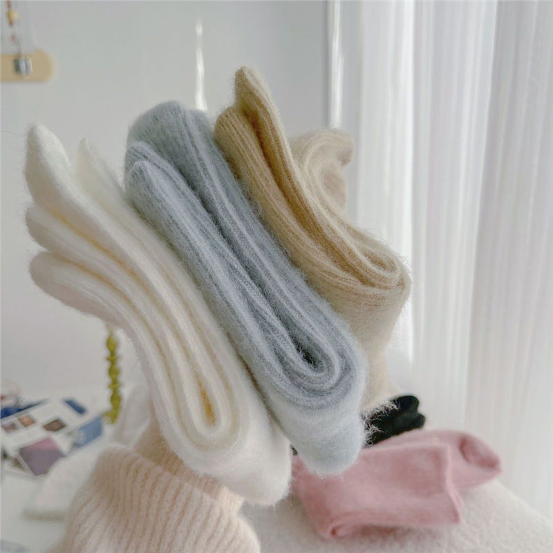 Soft and Glutinous Solid Color Two Women's Autumn and Winter Fleece-Lined Warm Girl Tube Socks Cold-Proof Cotton Socks Student Stripes