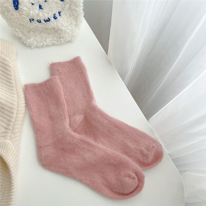 Soft and Glutinous Solid Color Two Women's Autumn and Winter Fleece-Lined Warm Girl Tube Socks Cold-Proof Cotton Socks Student Stripes