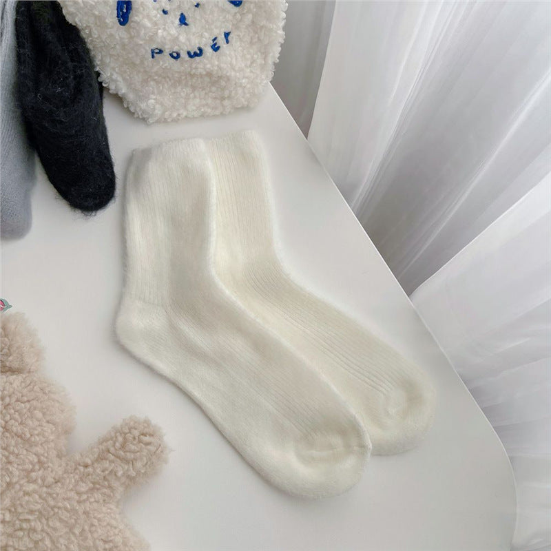 Soft and Glutinous Solid Color Two Women's Autumn and Winter Fleece-Lined Warm Girl Tube Socks Cold-Proof Cotton Socks Student Stripes